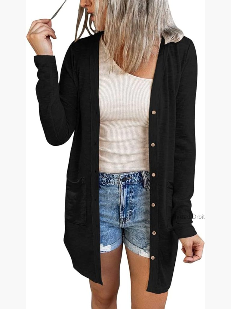 Lightweight Open Front Cardigan Long Sleeve Loose Button Down With Pockets